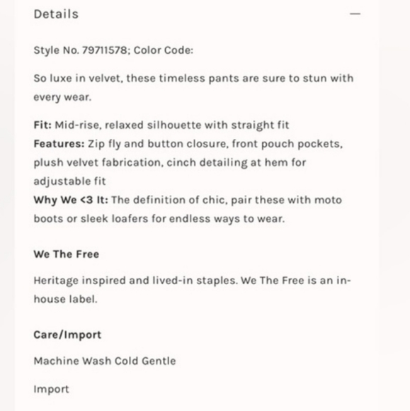 NWOT! We The Free Lotus Velvet Pant in Ocean Color - Picture 6 of 6